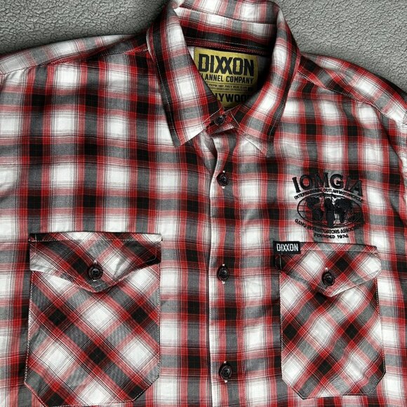 Dixxon Shirt Mens Large Red Black Plaid Hollywood IOMGIA Short Sleeve Button Up - Picture 1 of 13